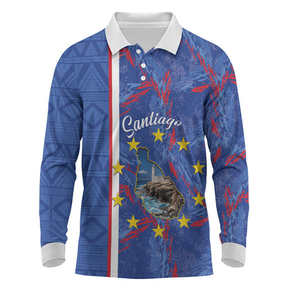Personalized Santiago Cabo Verde Long Sleeve Polo Shirt Map With Farol de Dona Maria Pia