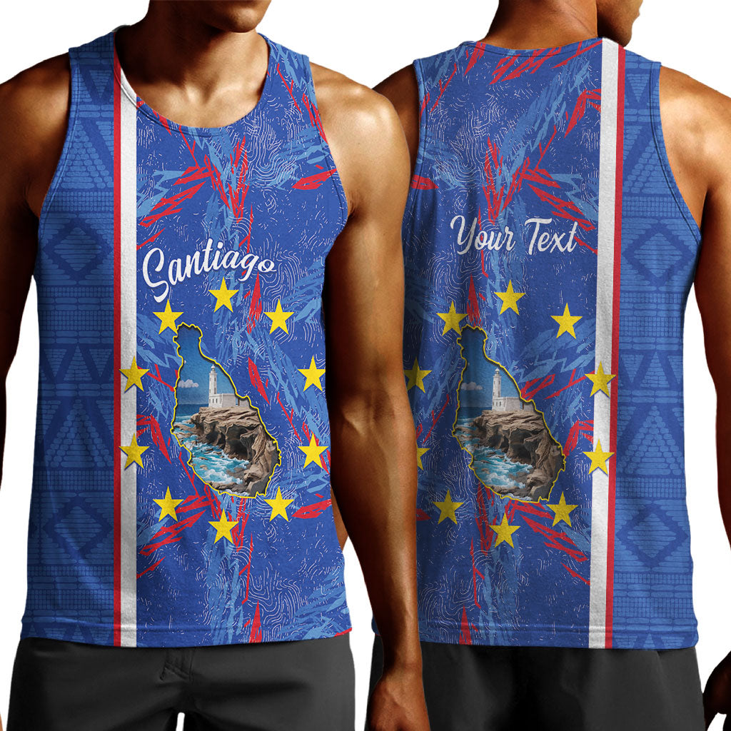 Personalized Santiago Cabo Verde Men Tank Top Map With Farol de Dona Maria Pia