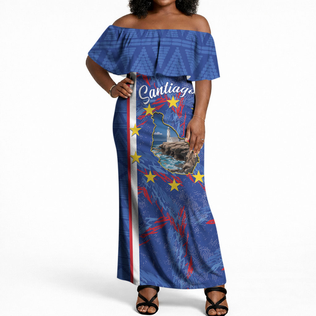Personalized Santiago Cabo Verde Off Shoulder Maxi Dress Map With Farol de Dona Maria Pia