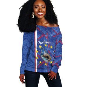Personalized Santiago Cabo Verde Off Shoulder Sweater Map With Farol de Dona Maria Pia