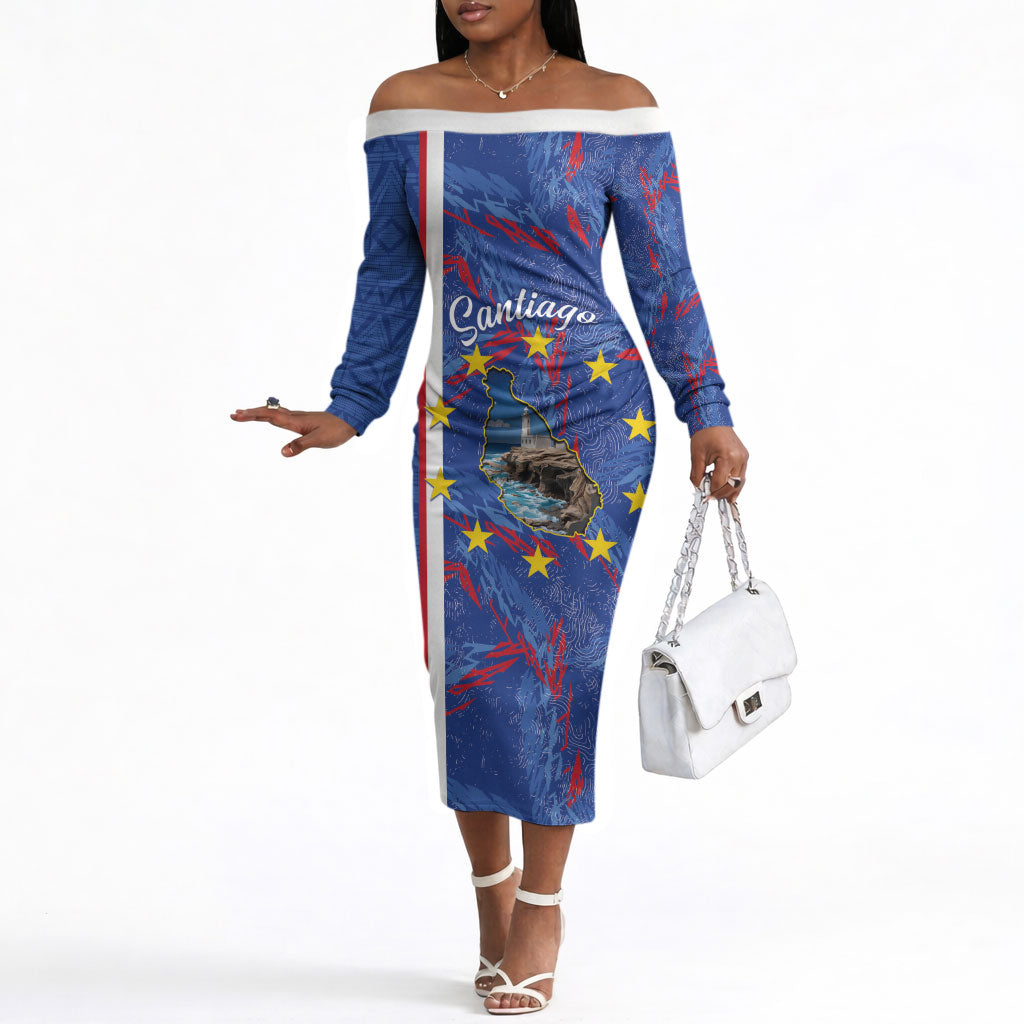 Personalized Santiago Cabo Verde Off The Shoulder Long Sleeve Dress Map With Farol de Dona Maria Pia