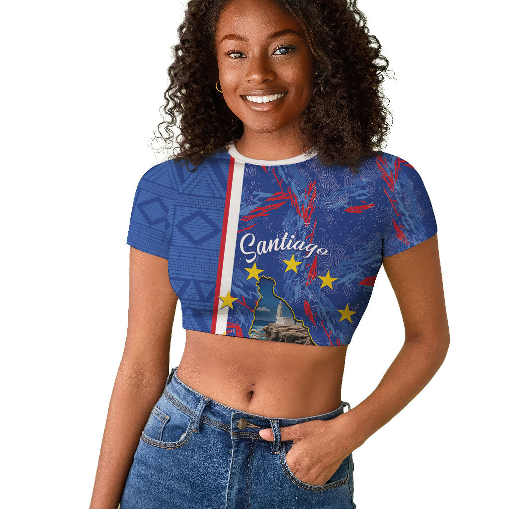 Personalized Santiago Cabo Verde Raglan Cropped T shirt Map With Farol de Dona Maria Pia