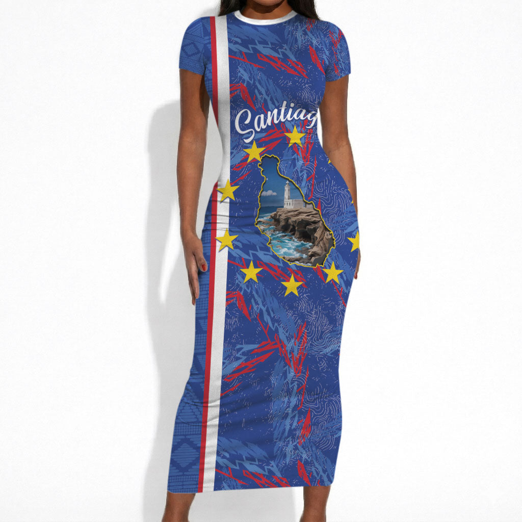 Personalized Santiago Cabo Verde Short Sleeve Bodycon Dress Map With Farol de Dona Maria Pia
