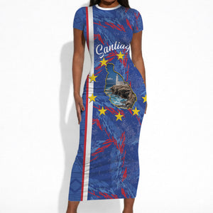 Personalized Santiago Cabo Verde Short Sleeve Bodycon Dress Map With Farol de Dona Maria Pia