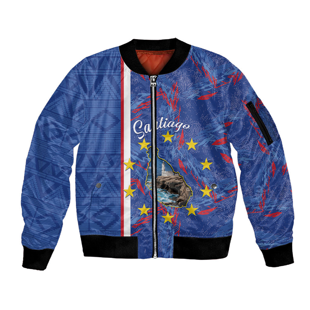 Personalized Santiago Cabo Verde Sleeve Zip Bomber Jacket Map With Farol de Dona Maria Pia