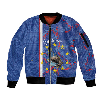 Personalized Santiago Cabo Verde Sleeve Zip Bomber Jacket Map With Farol de Dona Maria Pia