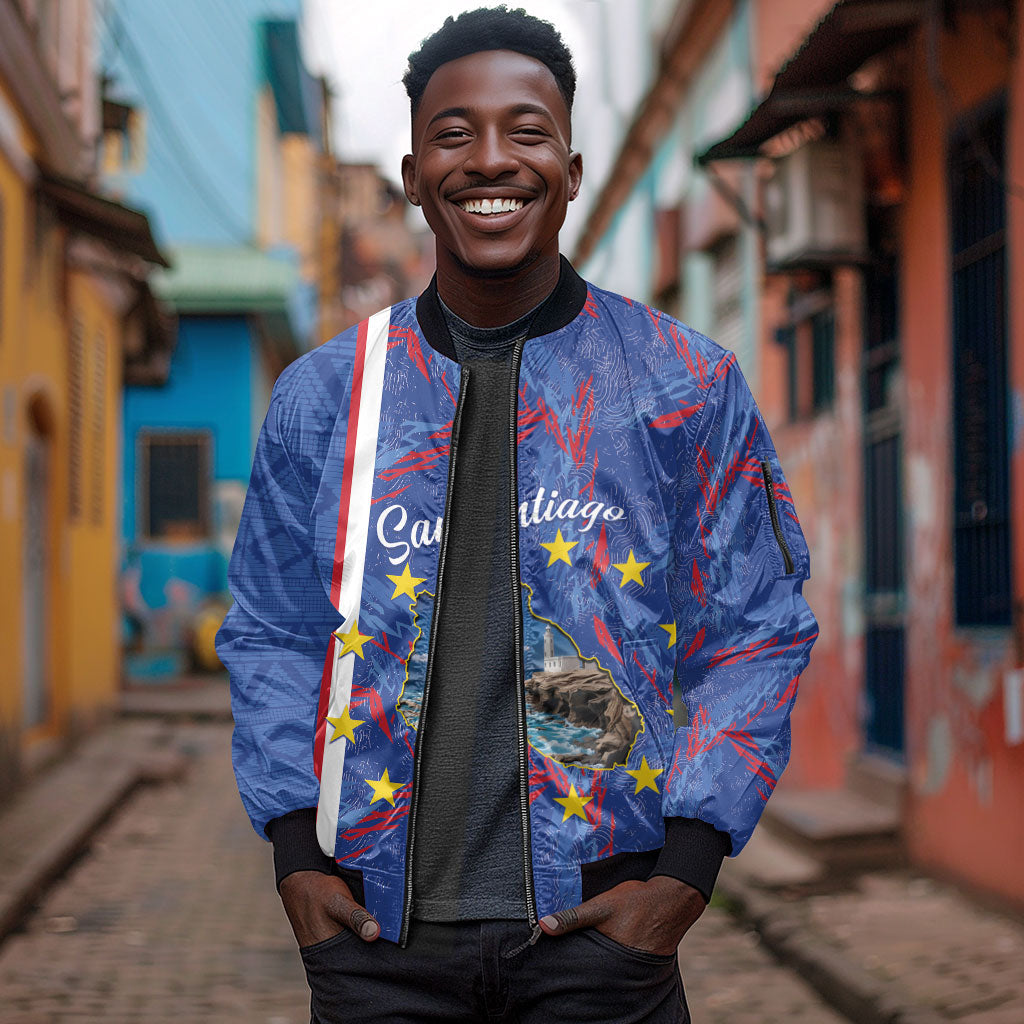 Personalized Santiago Cabo Verde Sleeve Zip Bomber Jacket Map With Farol de Dona Maria Pia