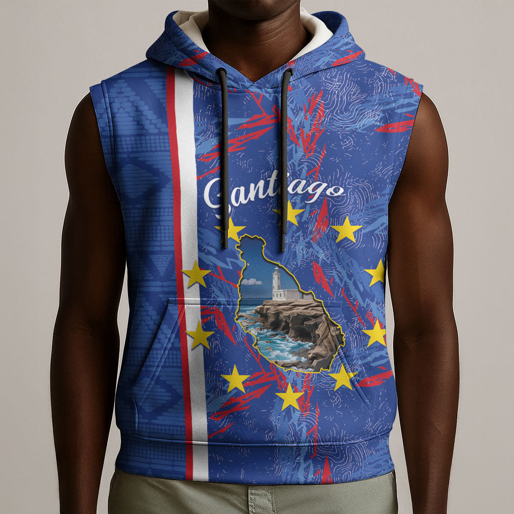 Personalized Santiago Cabo Verde Sleeveless Hoodie Map With Farol de Dona Maria Pia
