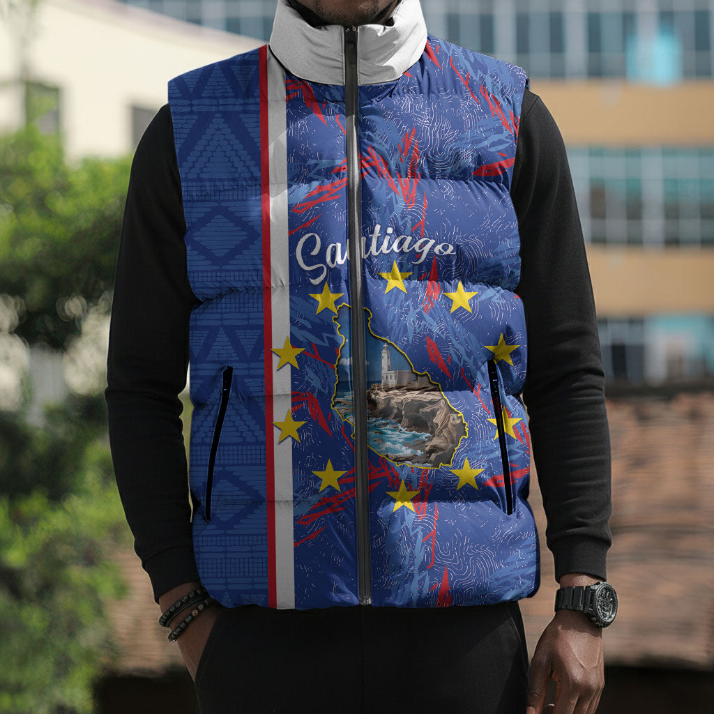 Personalized Santiago Cabo Verde Sleeveless Puffer Jacket Map With Farol de Dona Maria Pia