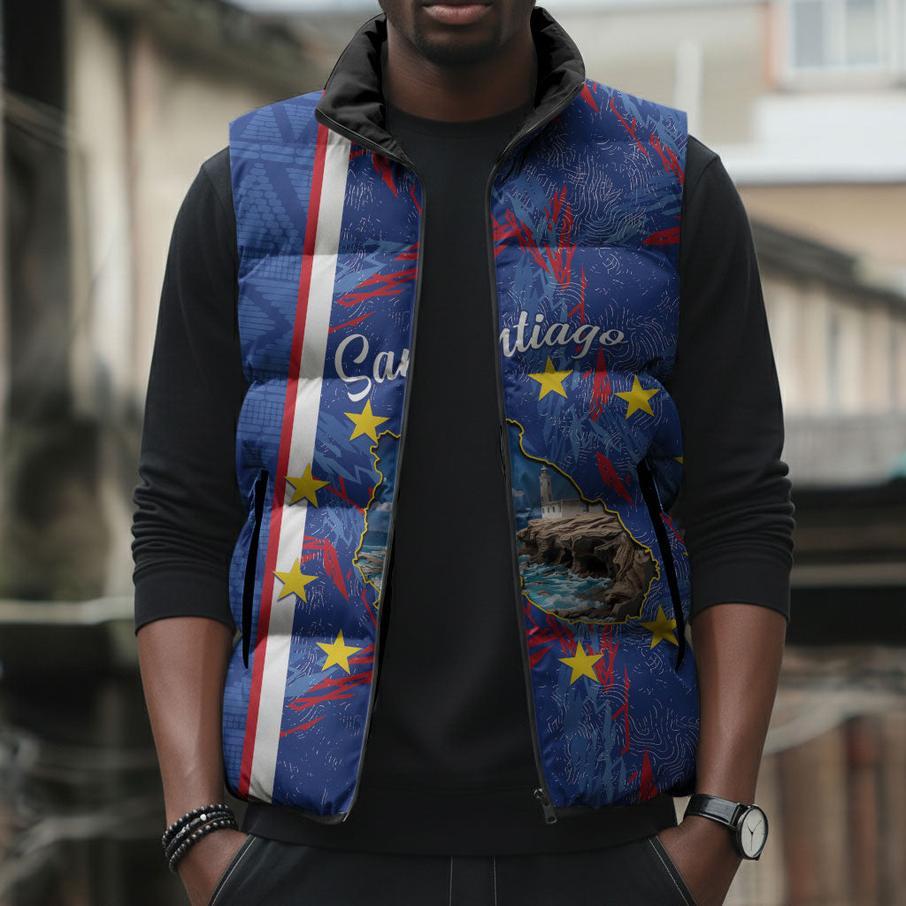 Personalized Santiago Cabo Verde Sleeveless Puffer Jacket Map With Farol de Dona Maria Pia