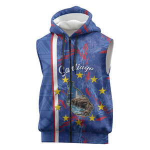 Personalized Santiago Cabo Verde Sleeveless Zip Hoodie Map With Farol de Dona Maria Pia
