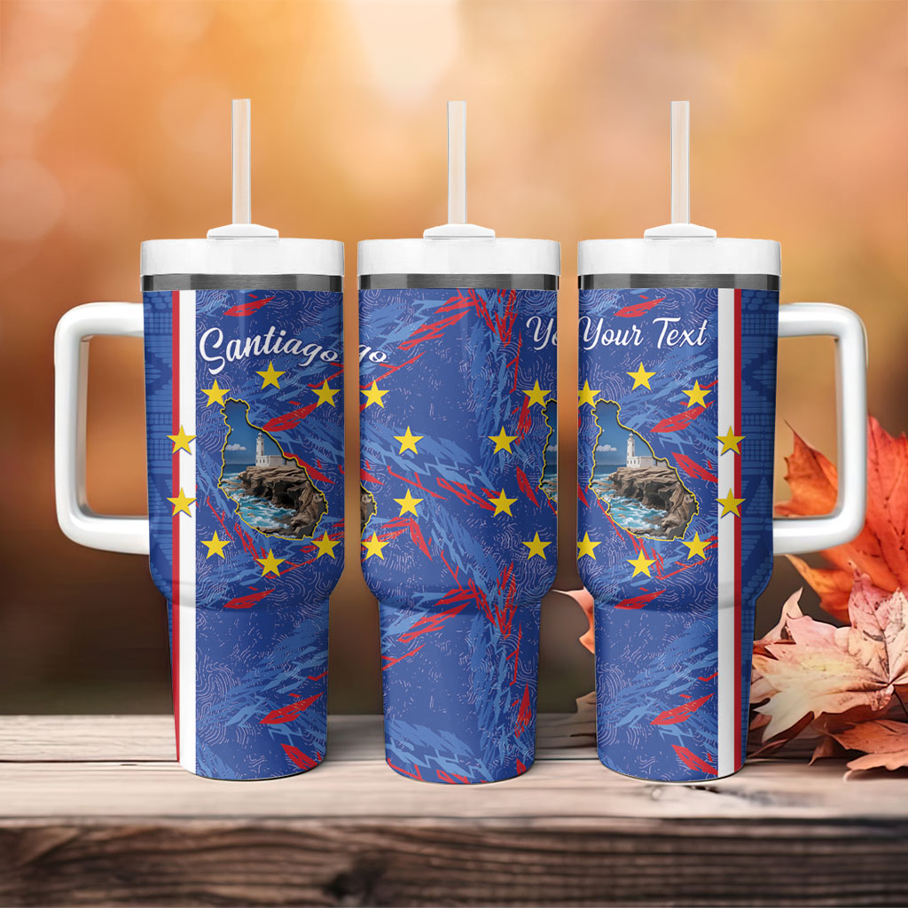 Personalized Santiago Cabo Verde Tumbler With Handle Map With Farol de Dona Maria Pia
