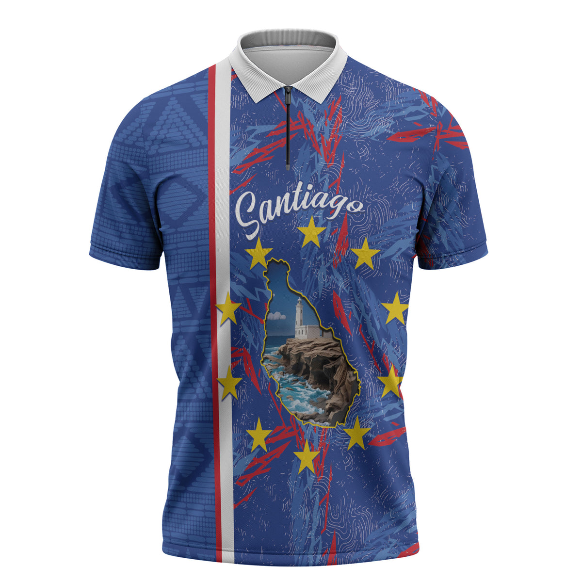 Personalized Santiago Cabo Verde Zipper Polo Shirt Map With Farol de Dona Maria Pia