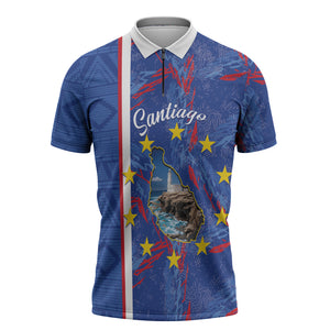 Personalized Santiago Cabo Verde Zipper Polo Shirt Map With Farol de Dona Maria Pia