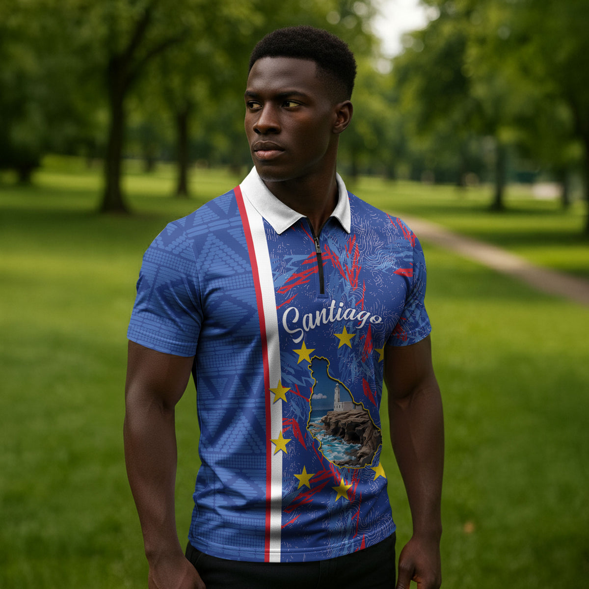 Personalized Santiago Cabo Verde Zipper Polo Shirt Map With Farol de Dona Maria Pia