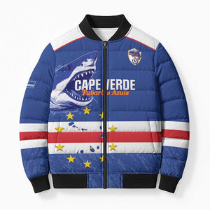 Cape Verde Football Custom Bomber Puffer Jacket Come On Tubaroes Azuis Shark
