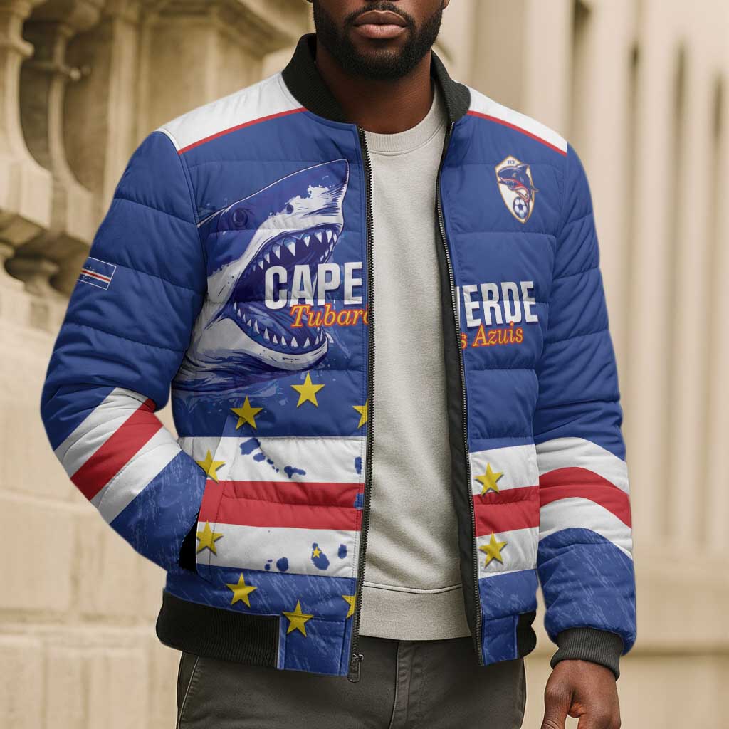 Cape Verde Football Custom Bomber Puffer Jacket Come On Tubaroes Azuis Shark