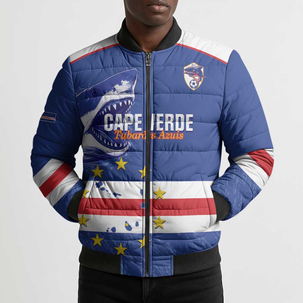 Cape Verde Football Custom Bomber Puffer Jacket Come On Tubaroes Azuis Shark