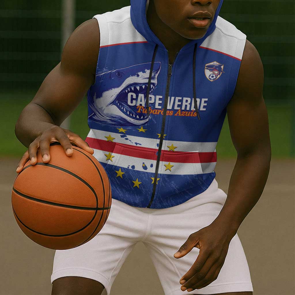 Cape Verde Football Custom Sleeveless Zip Hoodie Come On Tubaroes Azuis Shark - African Pride