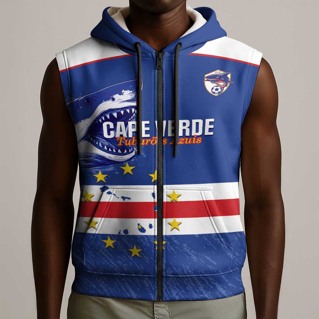 Cape Verde Football Custom Sleeveless Zip Hoodie Come On Tubaroes Azuis Shark - African Pride