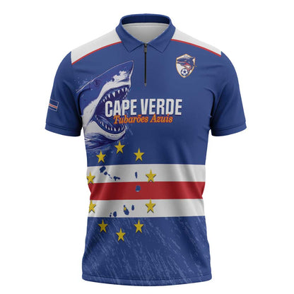 Cape Verde Football Custom Zipper Polo Shirt Come On Tubaroes Azuis Shark