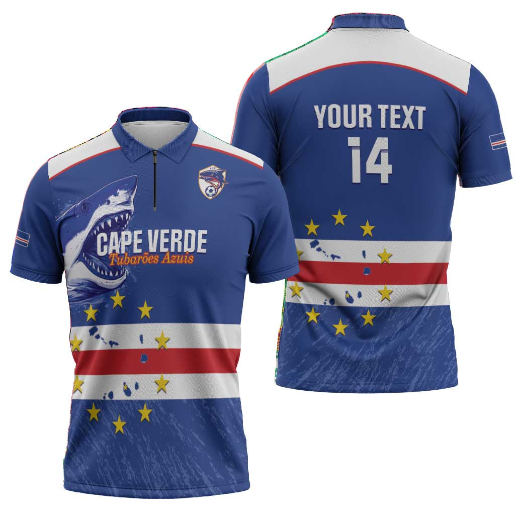 Cape Verde Football Custom Zipper Polo Shirt Come On Tubaroes Azuis Shark