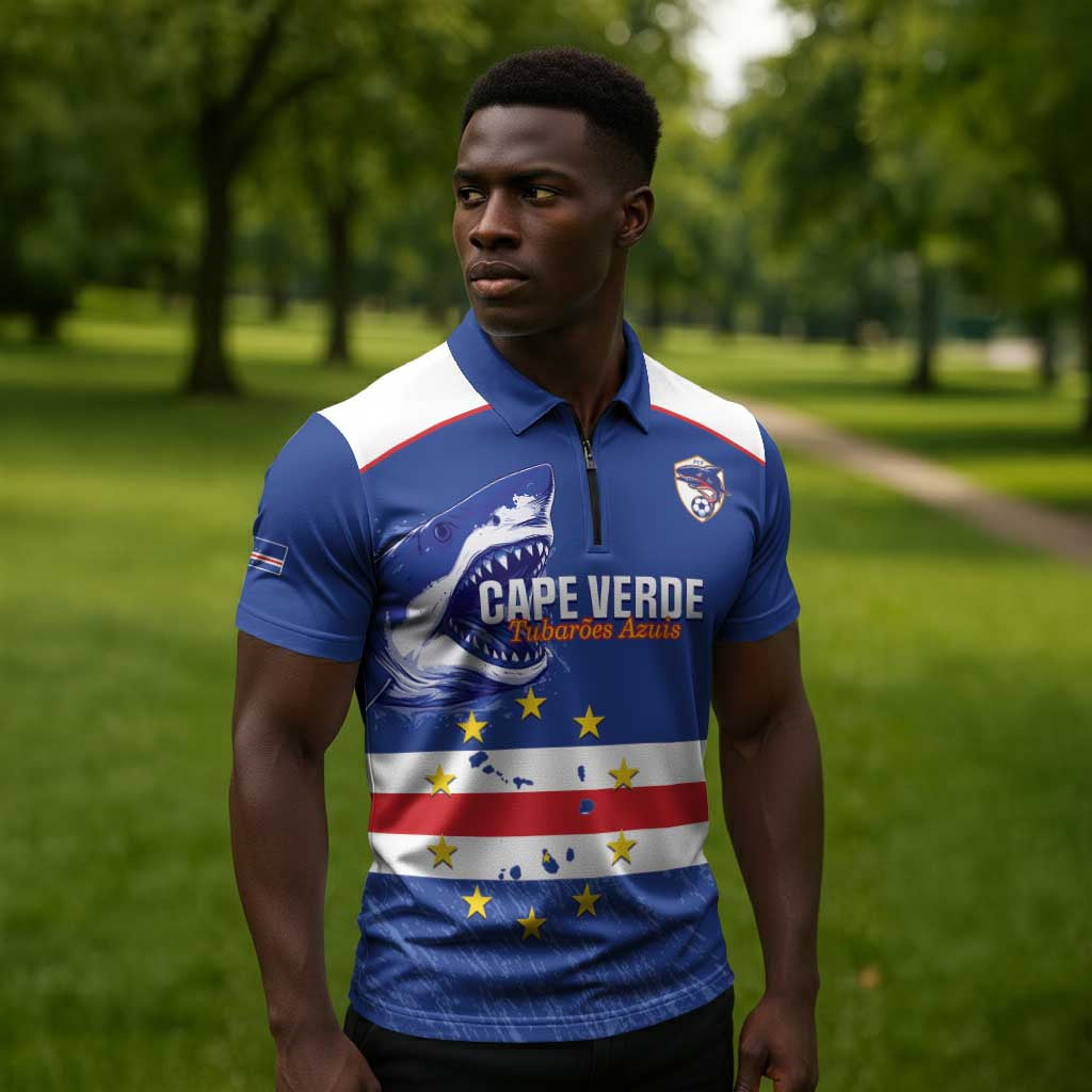 Cape Verde Football Custom Zipper Polo Shirt Come On Tubaroes Azuis Shark