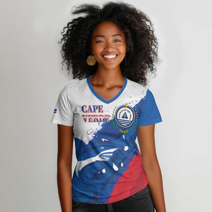 Cape Verde Football Custom Women V-Neck T-Shirt Tubaroes Azuis Glory World Cup - African Pride