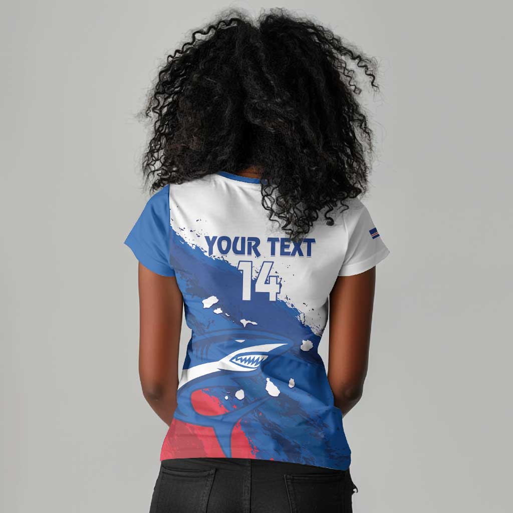 Cape Verde Football Custom Women V-Neck T-Shirt Tubaroes Azuis Glory World Cup - African Pride