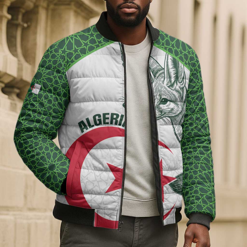 Custom Algeria Football Bomber Puffer Jacket 2026 Go Greens Fennec With Islamic Pattern - African Pride
