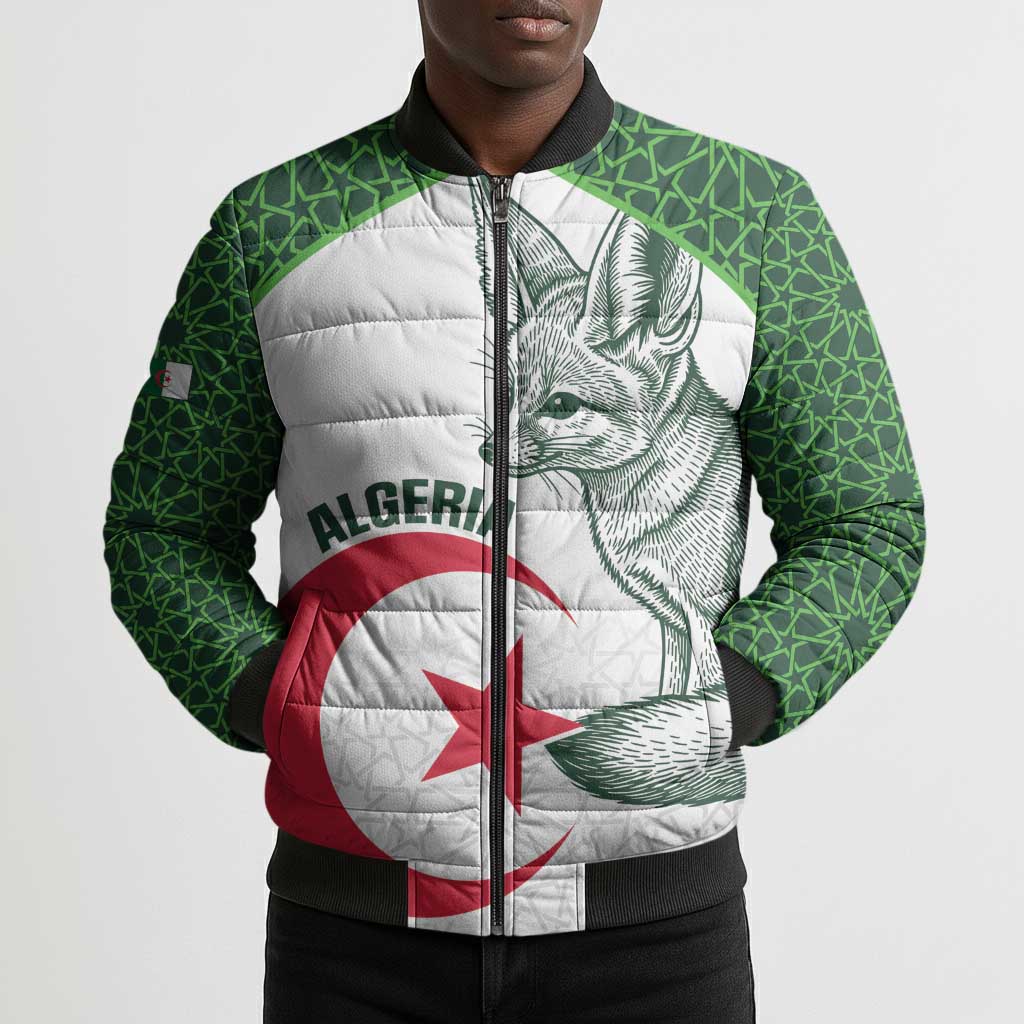 Custom Algeria Football Bomber Puffer Jacket 2026 Go Greens Fennec With Islamic Pattern - African Pride