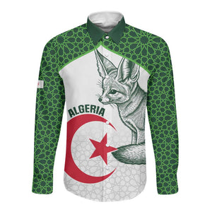 Custom Algeria Football Long Sleeve Button Shirt 2026 Go Greens Fennec With Islamic Pattern - African Pride