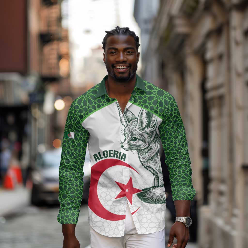 Custom Algeria Football Long Sleeve Button Shirt 2026 Go Greens Fennec With Islamic Pattern - African Pride