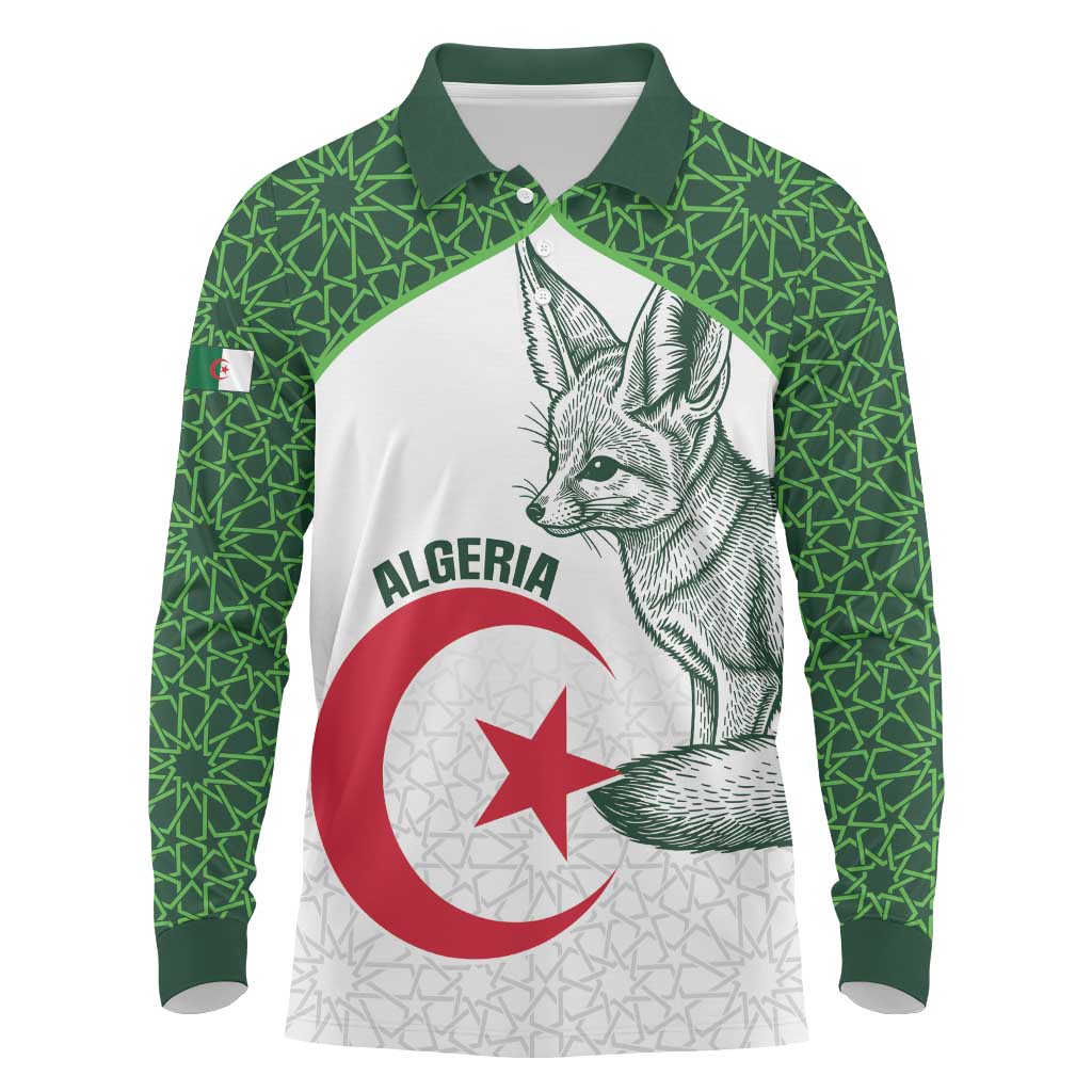 Custom Algeria Football Long Sleeve Polo Shirt 2026 Go Greens Fennec With Islamic Pattern - African Pride