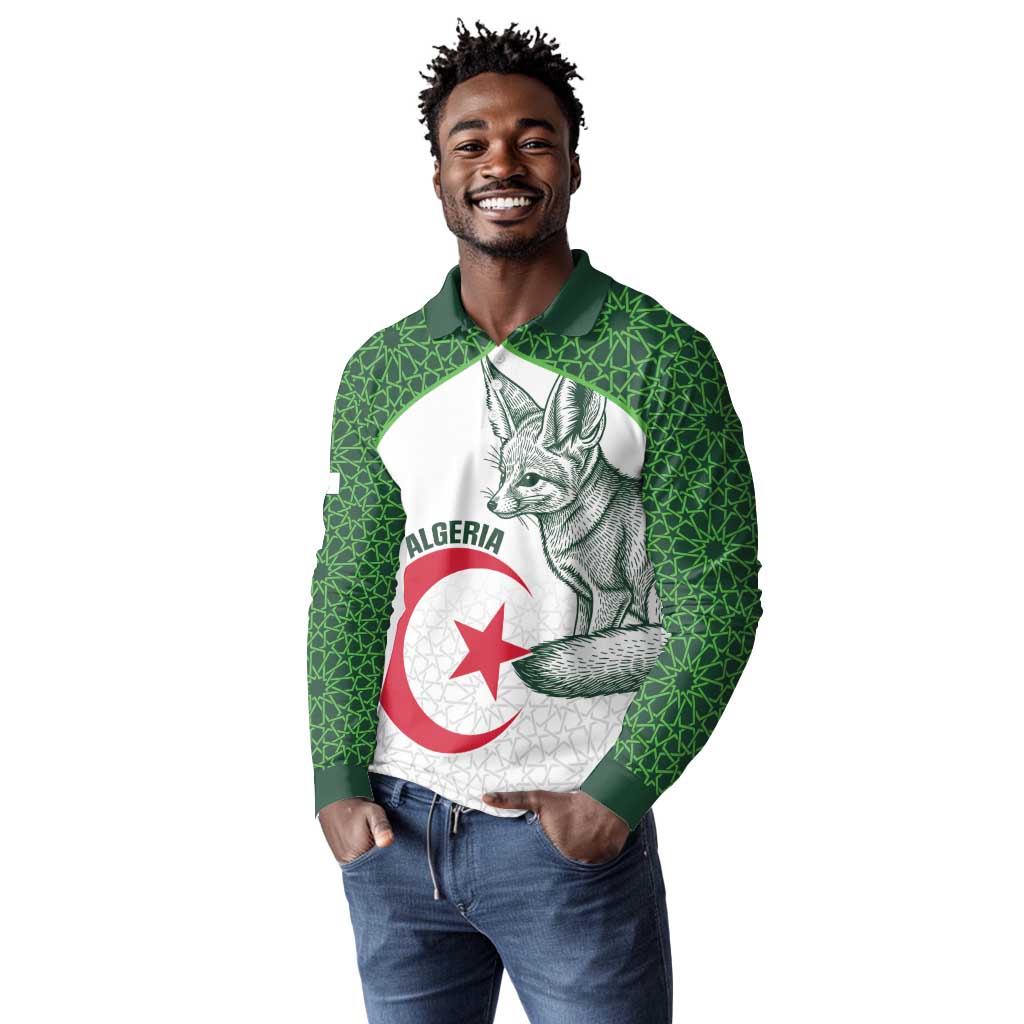 Custom Algeria Football Long Sleeve Polo Shirt 2026 Go Greens Fennec With Islamic Pattern - African Pride