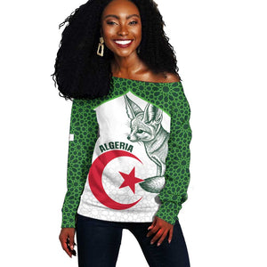 Custom Algeria Football Off Shoulder Sweater 2026 Go Greens Fennec With Islamic Pattern - African Pride