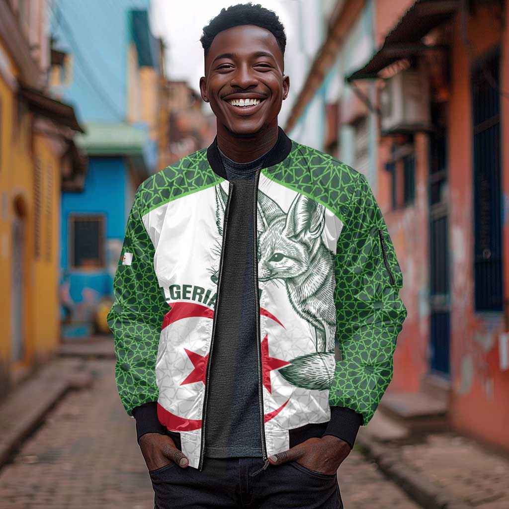 Custom Algeria Football Sleeve Zip Bomber Jacket 2026 Go Greens Fennec With Islamic Pattern - African Pride