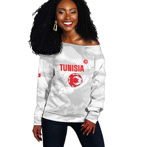 Custom Tunisia Football Off Shoulder Sweater 2026 Eagles of Carthage White Grunge - African Pride