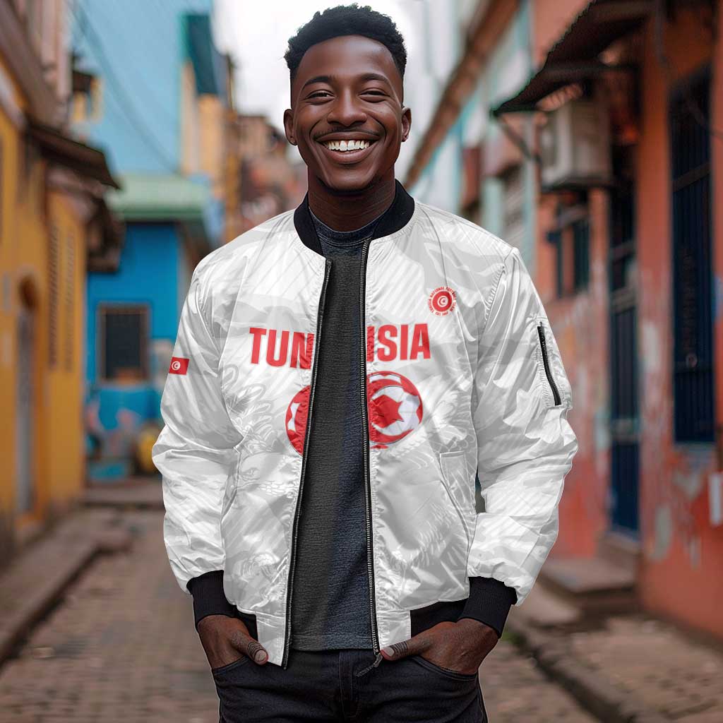Custom Tunisia Football Sleeve Zip Bomber Jacket 2026 Eagles of Carthage White Grunge - African Pride
