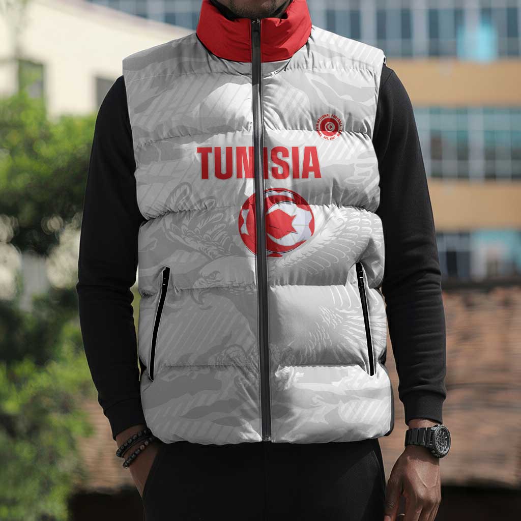 Custom Tunisia Football Sleeveless Puffer Jacket 2026 Eagles of Carthage White Grunge - African Pride