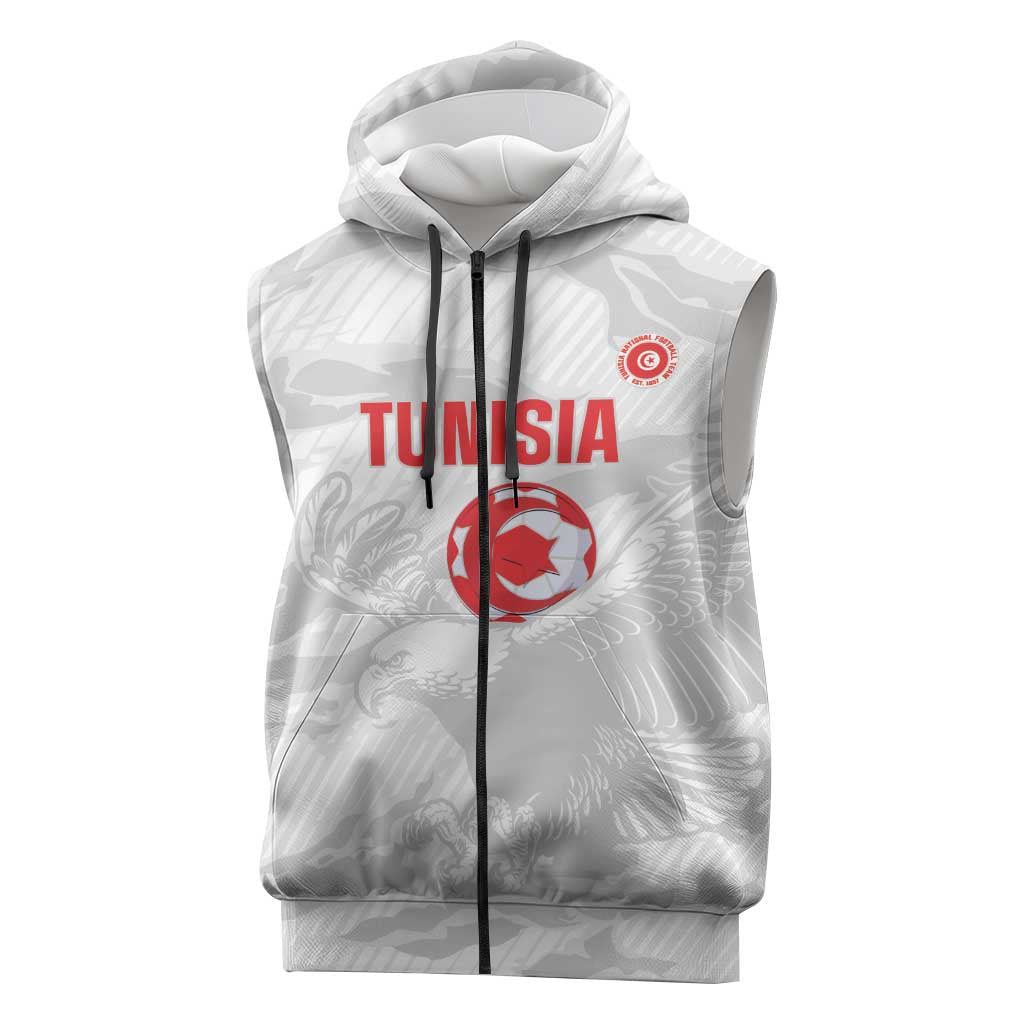 Custom Tunisia Football Sleeveless Zip Hoodie 2026 Eagles of Carthage White Grunge - African Pride