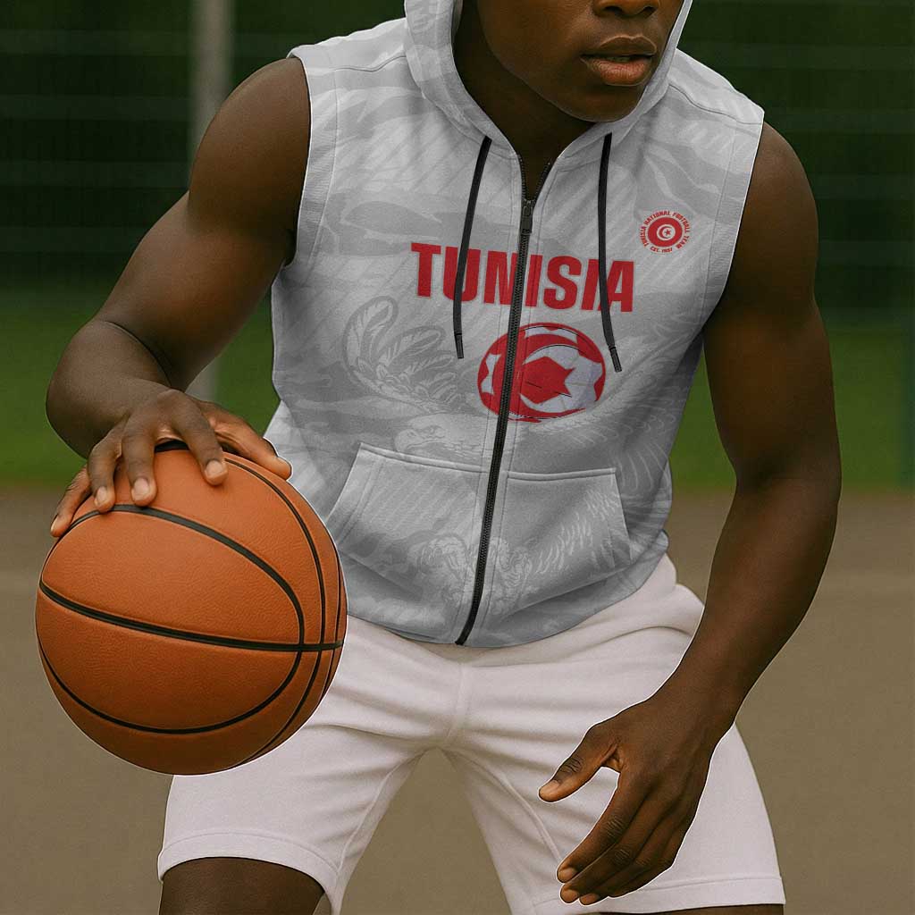 Custom Tunisia Football Sleeveless Zip Hoodie 2026 Eagles of Carthage White Grunge - African Pride