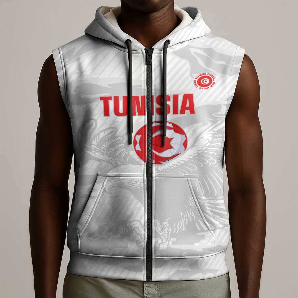 Custom Tunisia Football Sleeveless Zip Hoodie 2026 Eagles of Carthage White Grunge - African Pride