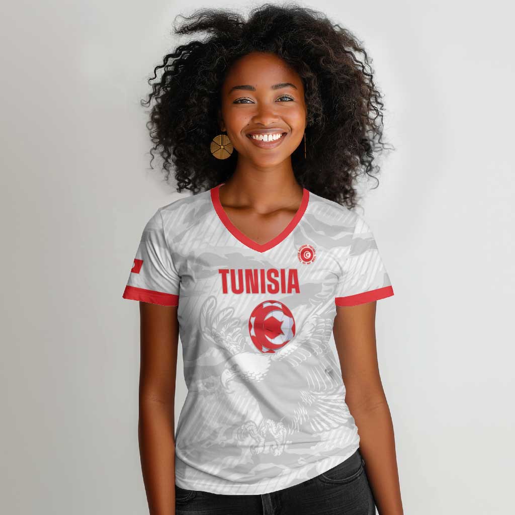 Custom Tunisia Football Women V-Neck T-Shirt 2026 Eagles of Carthage White Grunge LT14