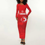 Custom Tunisia Football Long Sleeve Bodycon Dress 2026 Eagles of Carthage Red Grunge - African Pride