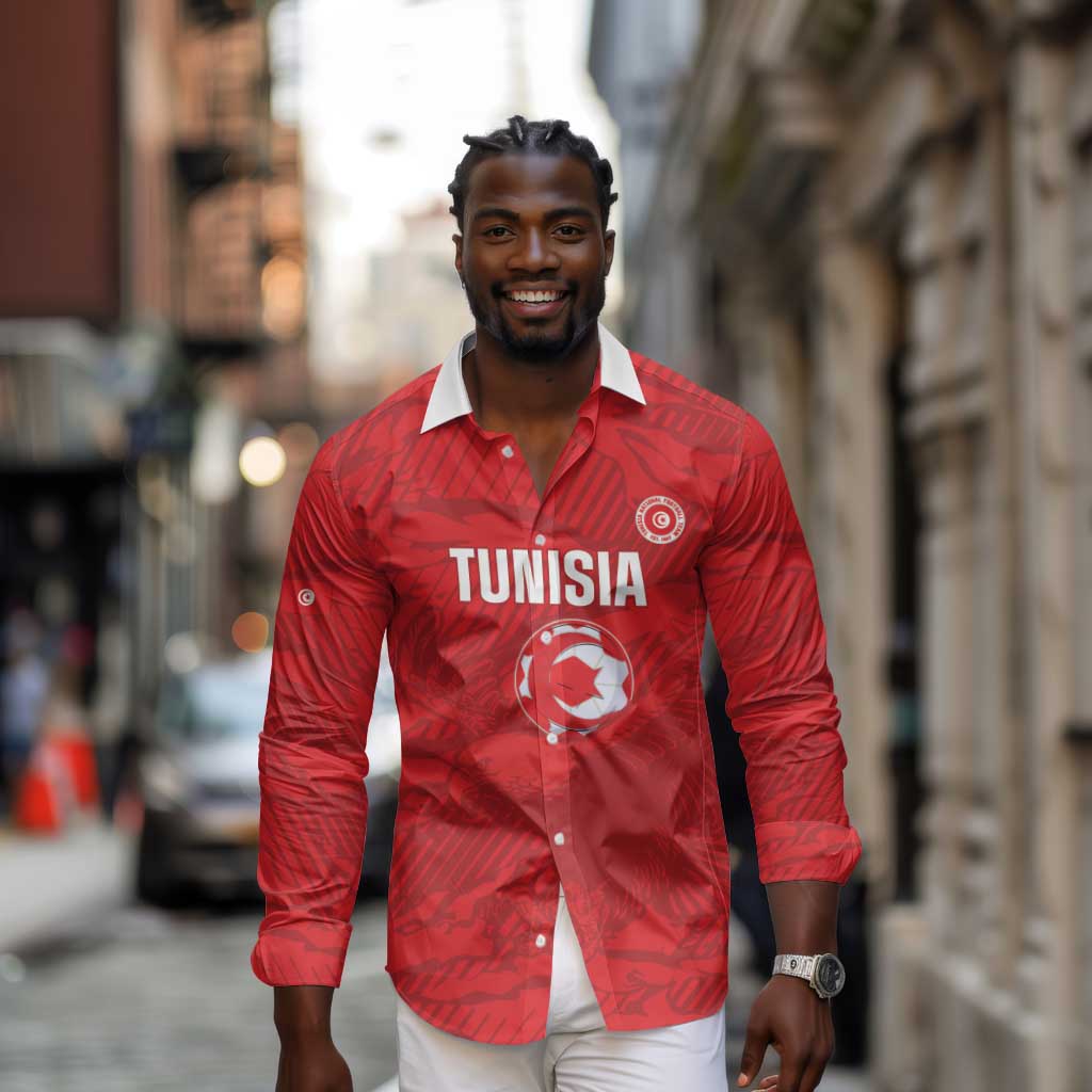 Custom Tunisia Football Long Sleeve Button Shirt 2026 Eagles of Carthage Red Grunge - African Pride