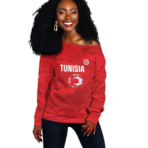 Custom Tunisia Football Off Shoulder Sweater 2026 Eagles of Carthage Red Grunge - African Pride