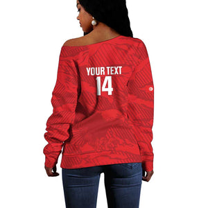 Custom Tunisia Football Off Shoulder Sweater 2026 Eagles of Carthage Red Grunge - African Pride