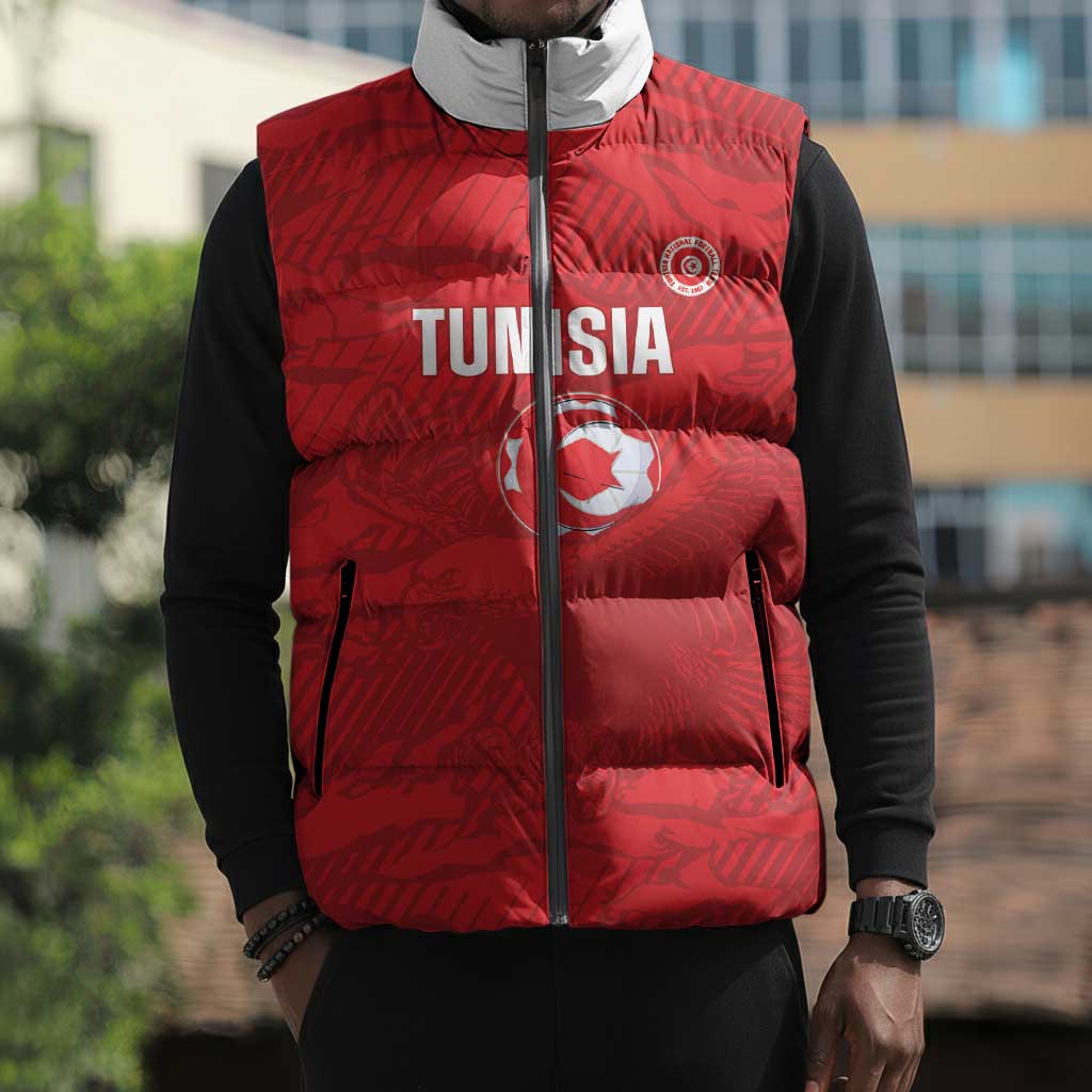 Custom Tunisia Football Sleeveless Puffer Jacket 2026 Eagles of Carthage Red Grunge - African Pride