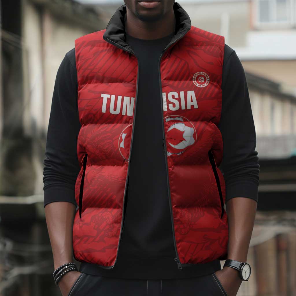 Custom Tunisia Football Sleeveless Puffer Jacket 2026 Eagles of Carthage Red Grunge - African Pride